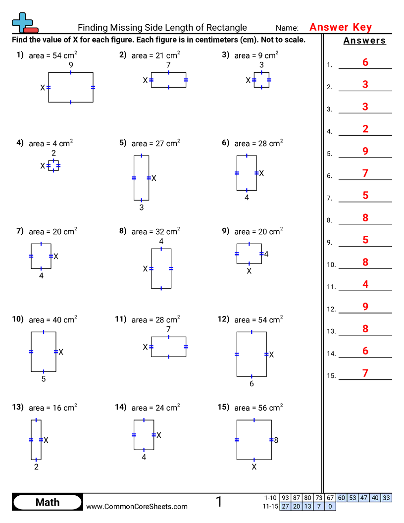 Area & Perimeter Worksheets - Finding Missing Side Length of Rectangle worksheet