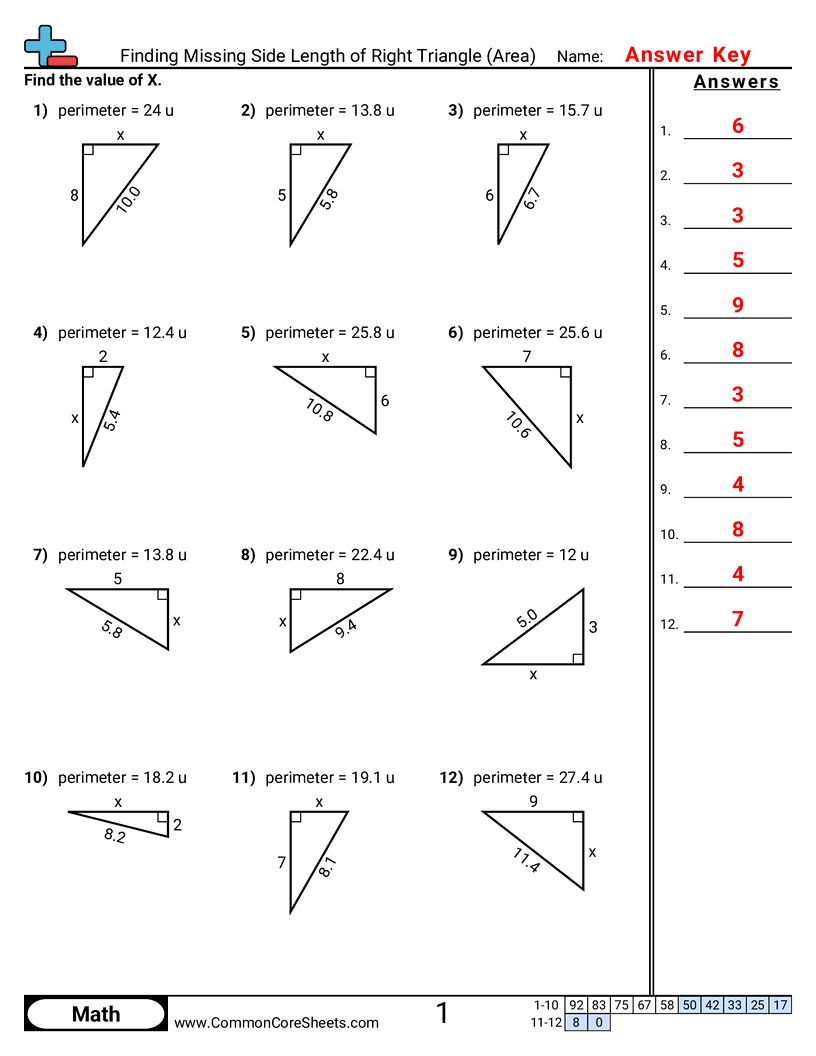 Area & Perimeter Worksheets - Finding Missing Side Length of Right Triangle (Area) worksheet