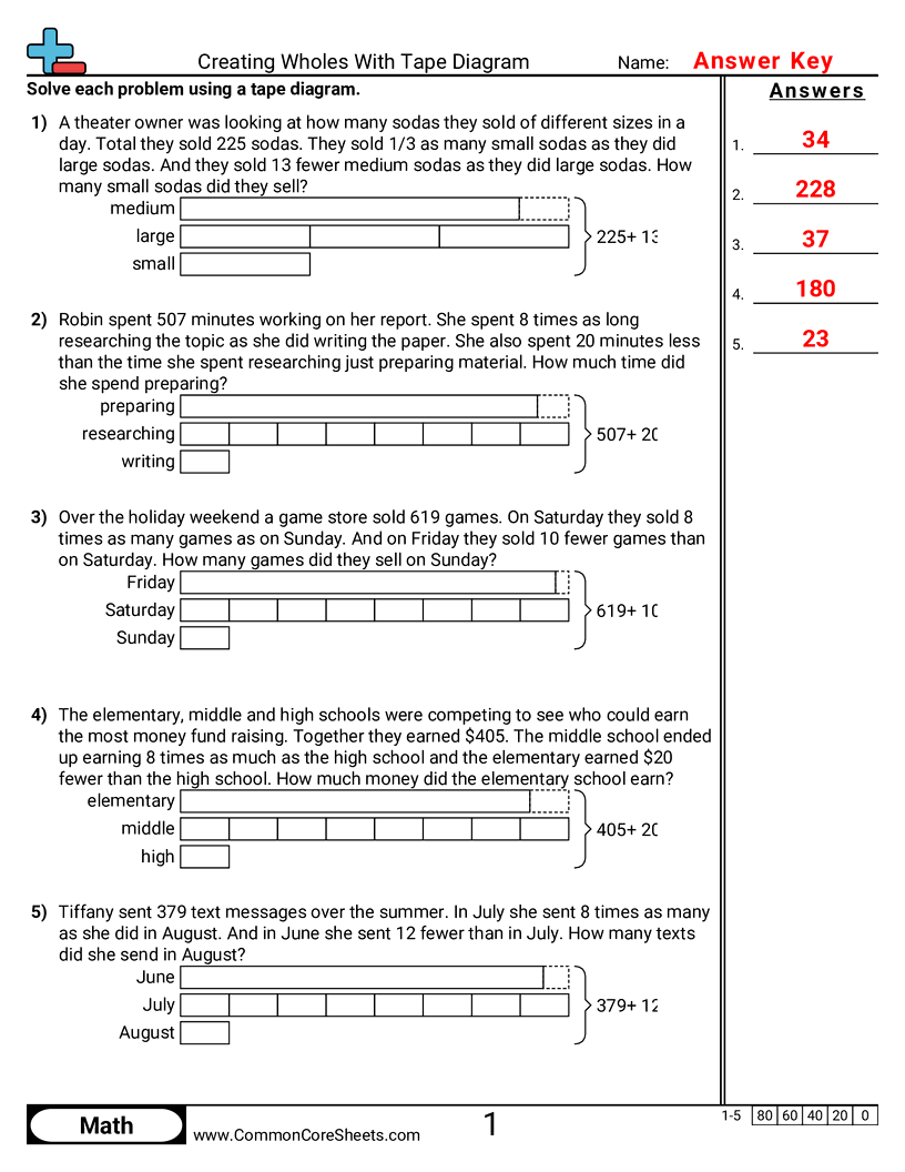 Tape Diagram Worksheets - Creating Wholes With Tape Diagram worksheet