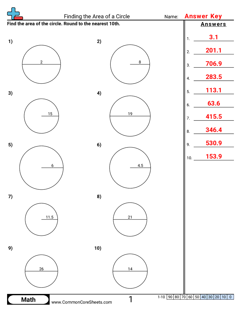 7g4 Worksheets - area-of-circle worksheet