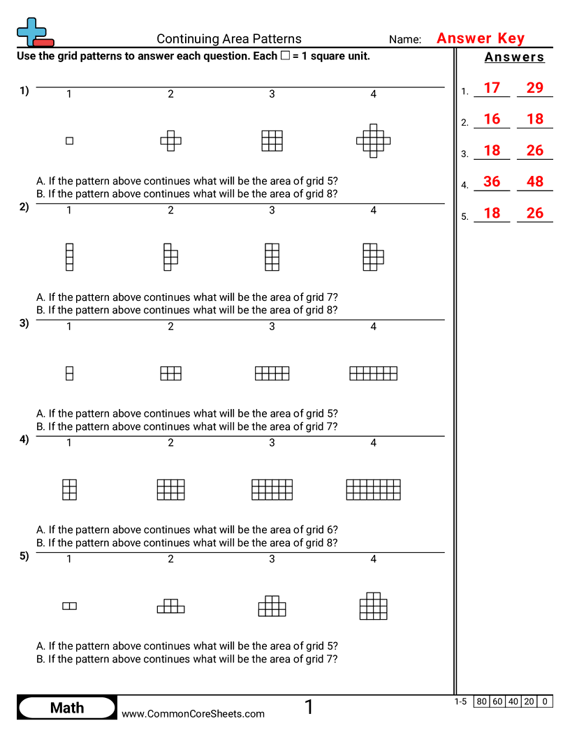 Area & Perimeter Worksheets - Continuing Area Patterns worksheet
