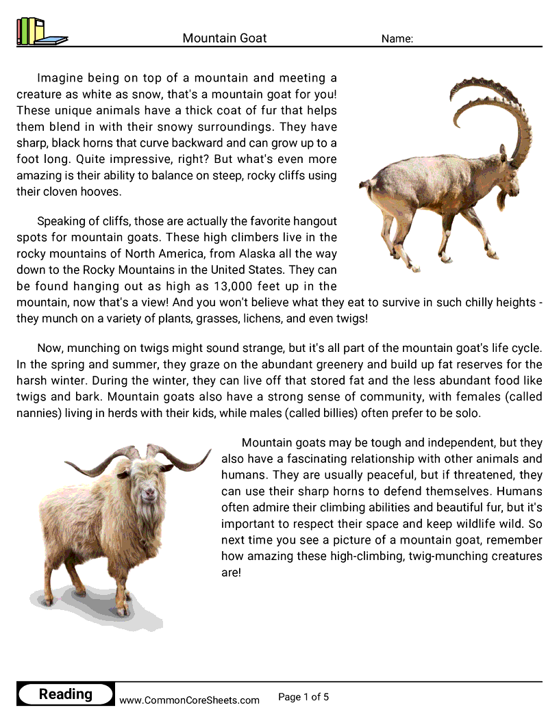 Reading Comprehension Mammals - mountain-goat worksheet