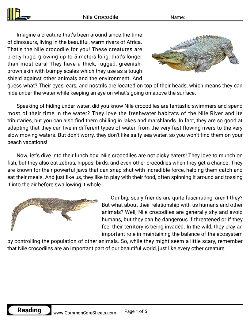 Reading Comprehension Reptiles - nile-crocodile worksheet