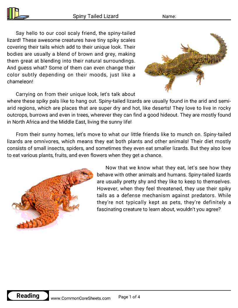 Reading Comprehension Reptiles - spiny-tailed-lizard worksheet