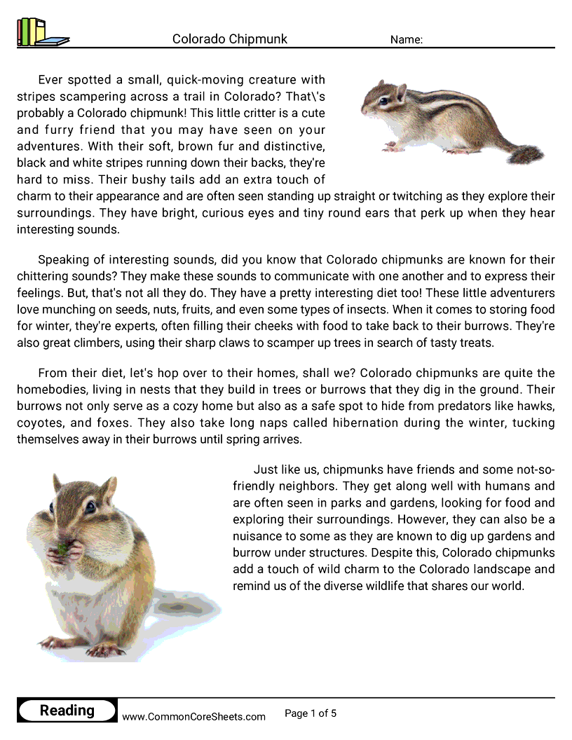 Reading Comprehension Mammals - colorado-chipmunk worksheet