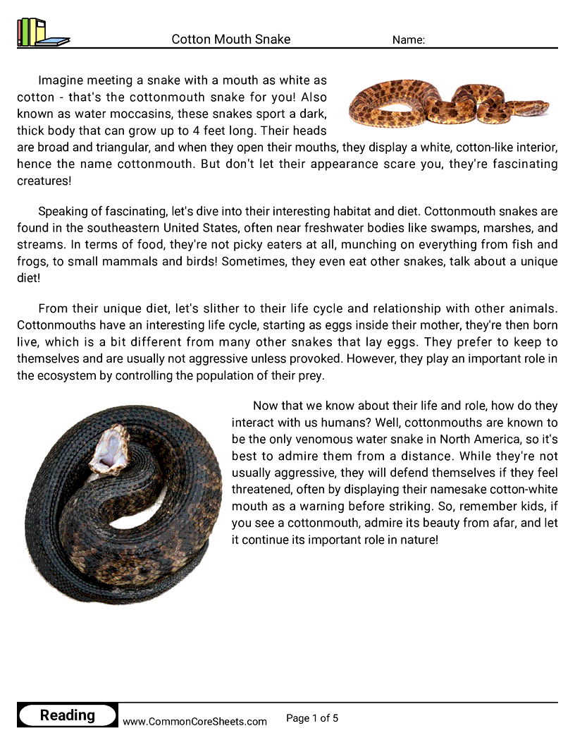Reading Comprehension Reptiles - cotton-mouth-snake worksheet