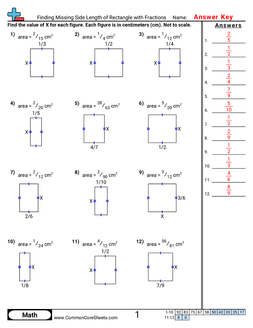Area & Perimeter Worksheets - Finding Missing Side Length of Rectangle with Fractions worksheet