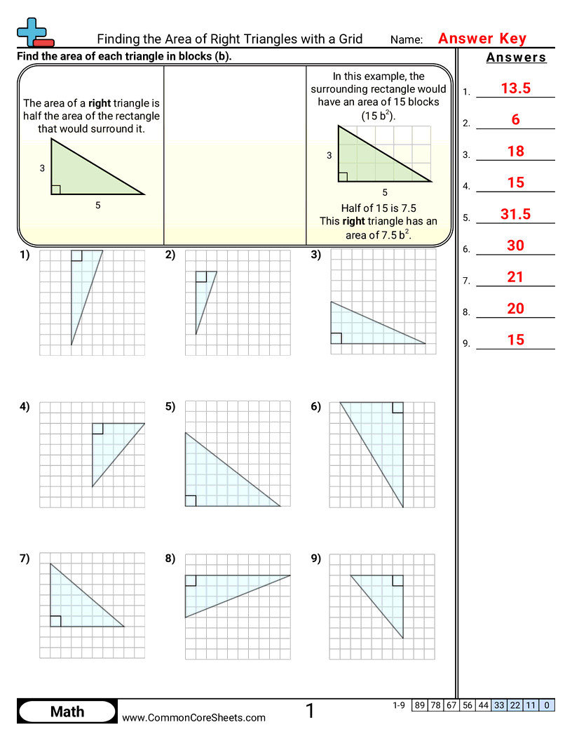 Area & Perimeter Worksheets - Finding the Area of Right Triangles with a Grid worksheet
