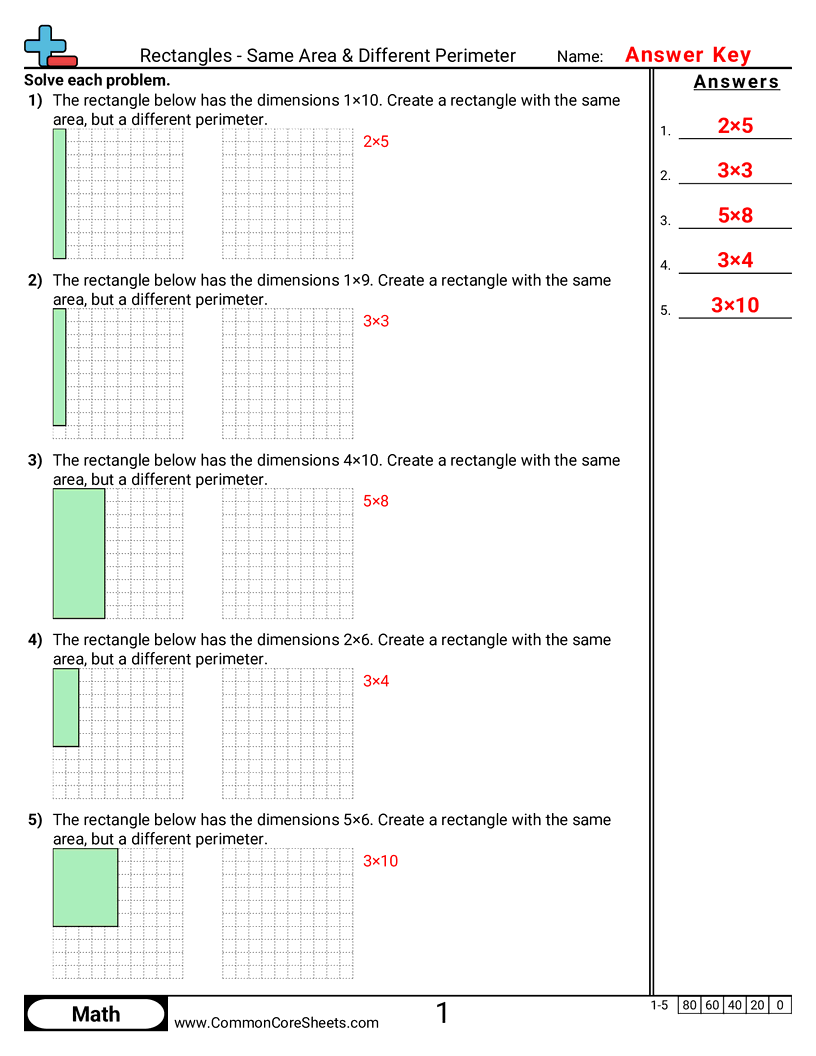 3md8 Worksheets - rectangles-same-area-different-perimeter worksheet