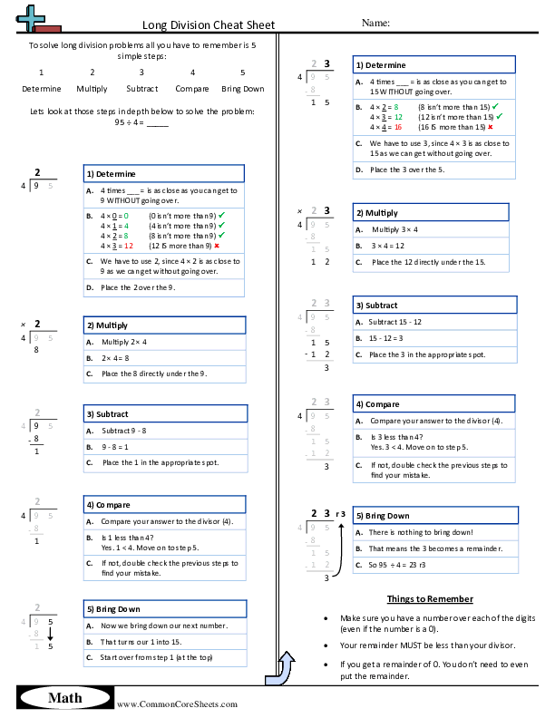 Cheat Sheets - Long Division worksheet