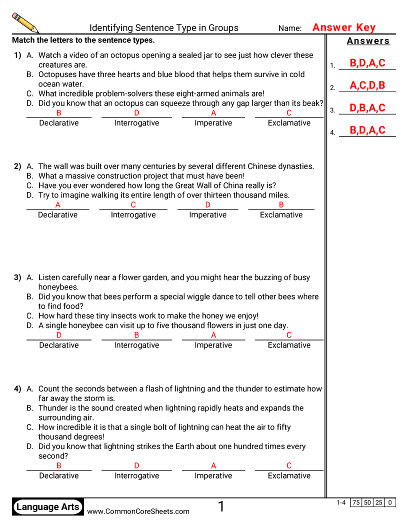 Sentence Worksheets - Identifying Sentence Type in Groups  worksheet