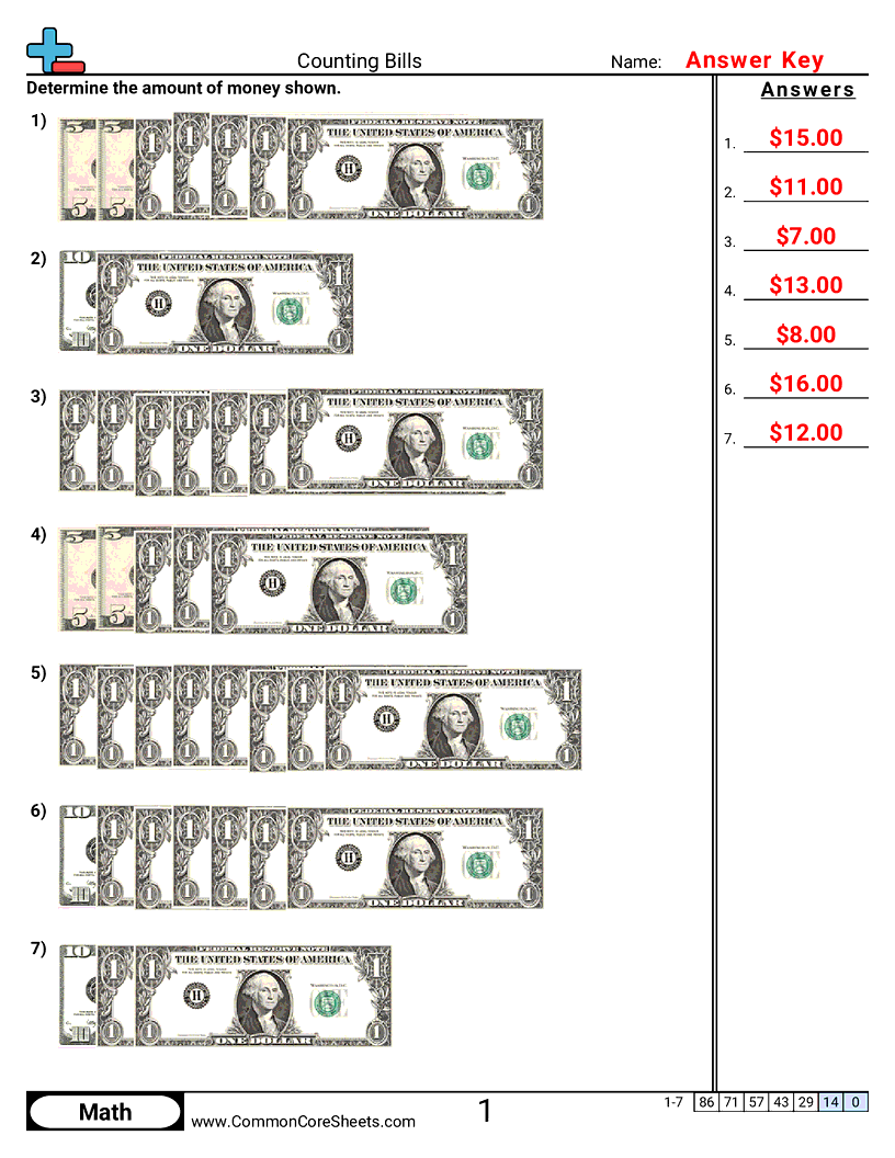 Money Worksheets - counting-bills worksheet
