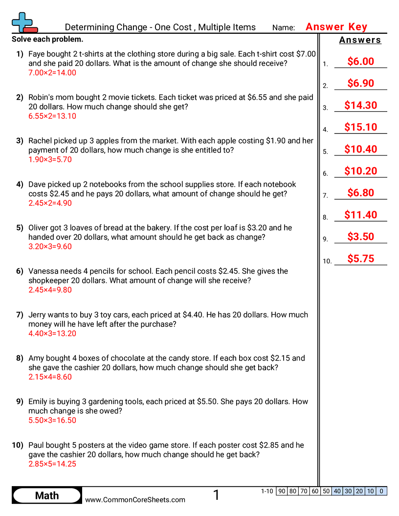 Money Worksheets - one-item-one-cost worksheet