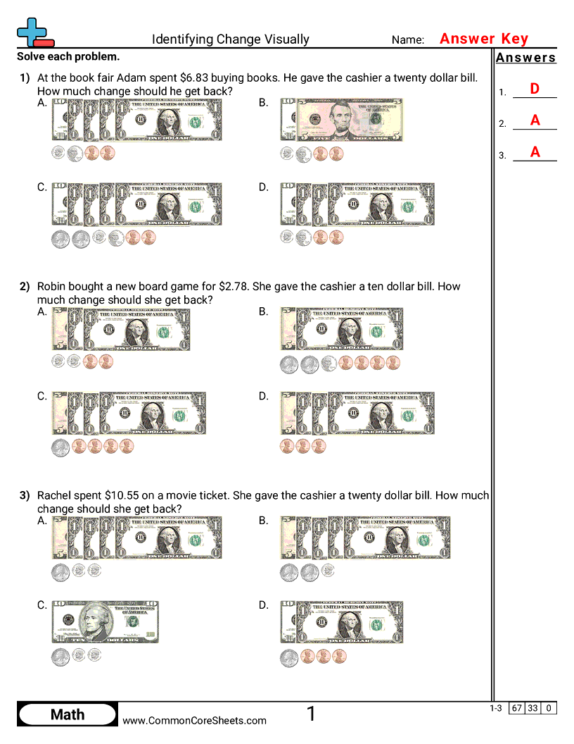 Money Worksheets - identifying-change-visually worksheet