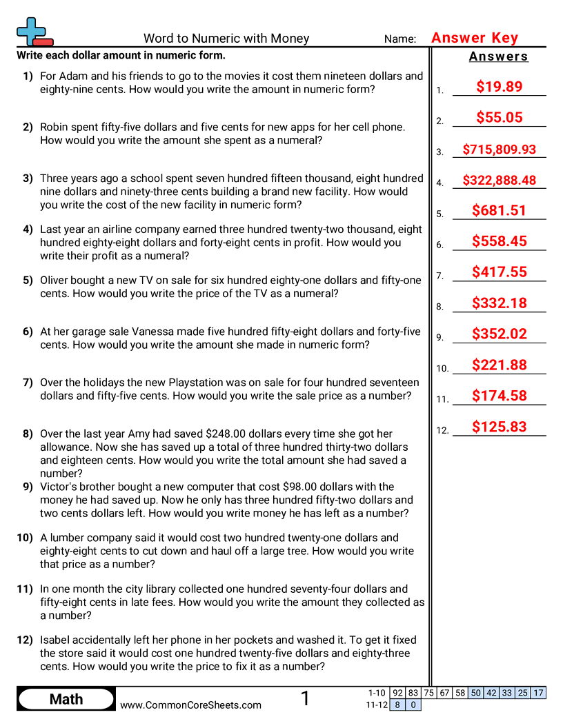 Money Worksheets - writing-value worksheet