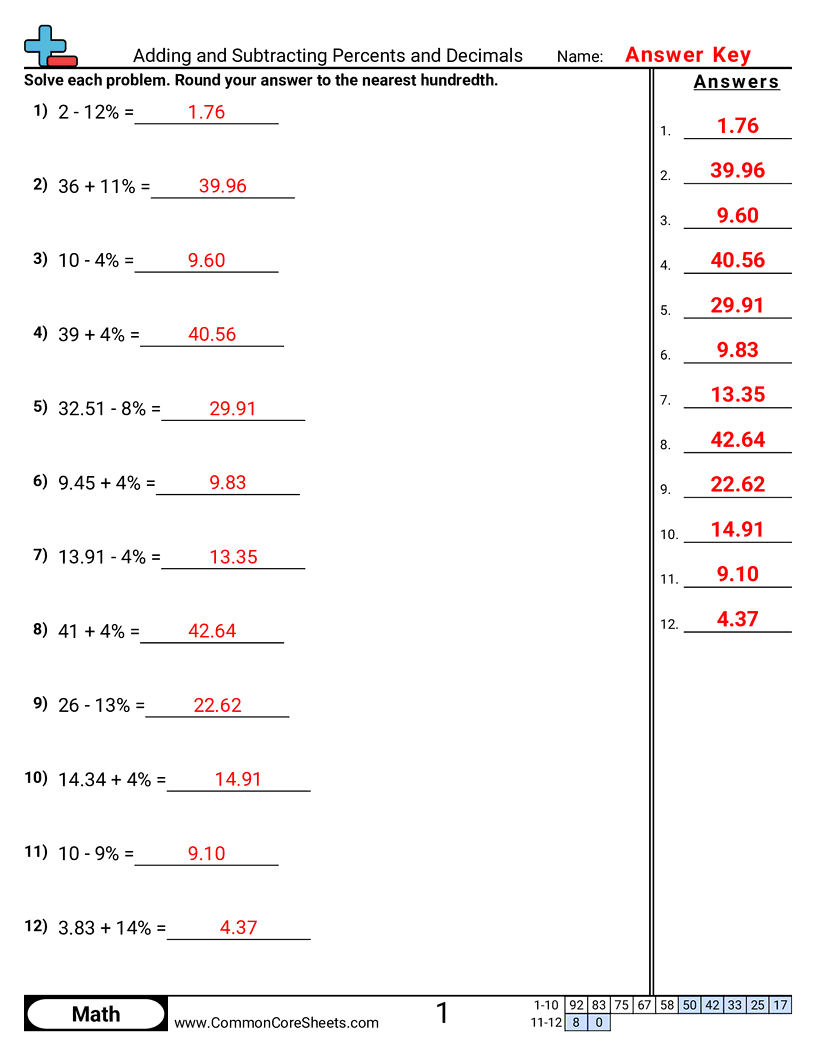 7ee3 Worksheets - adding-and-subtracting-percents-and-decimals worksheet