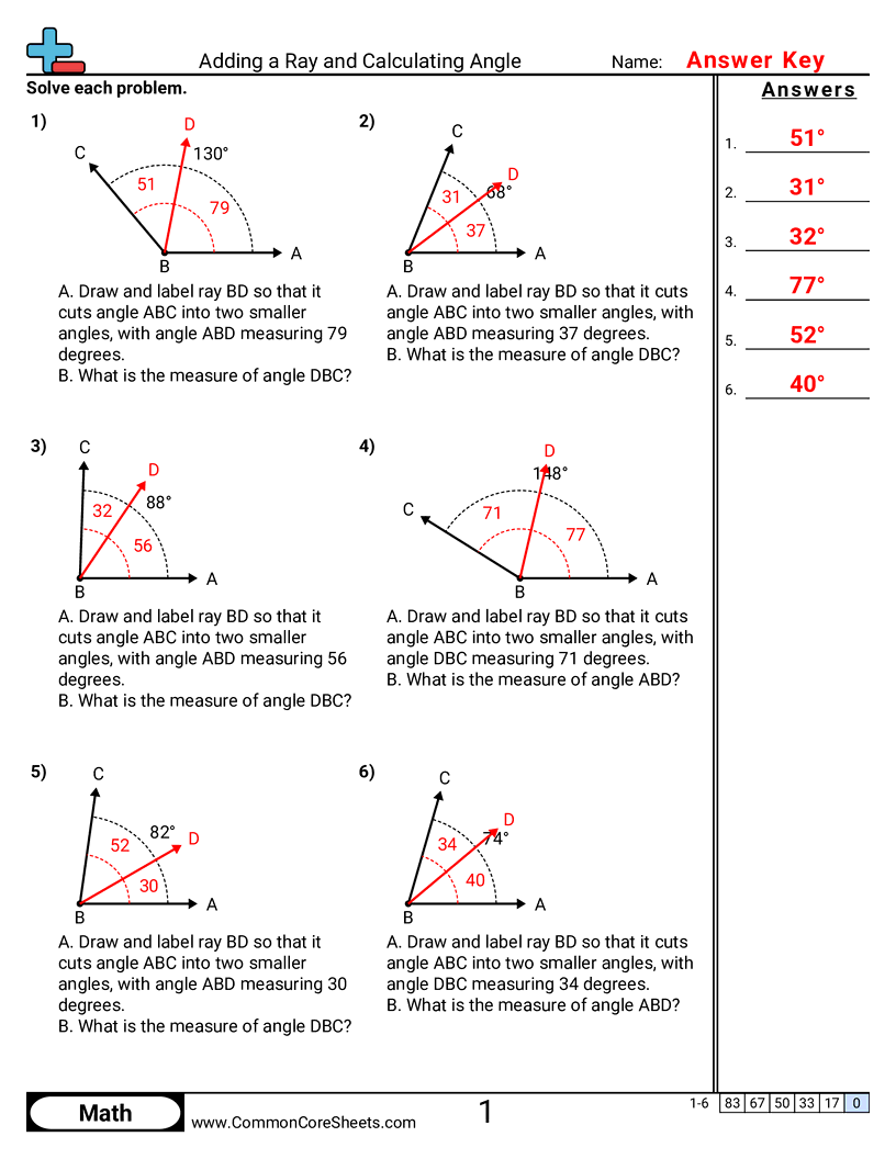Angles Worksheets - adding-a-ray-and-calculating-angle worksheet